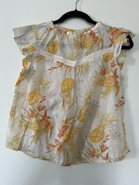 Cottagecore Pineapple Print Top Small Yellow White Flutter Sleeve Boho Cotton